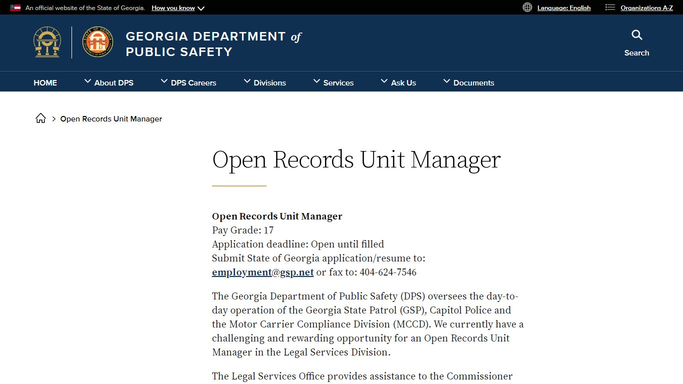 Open Records Unit Manager | Georgia Department of Public Safety