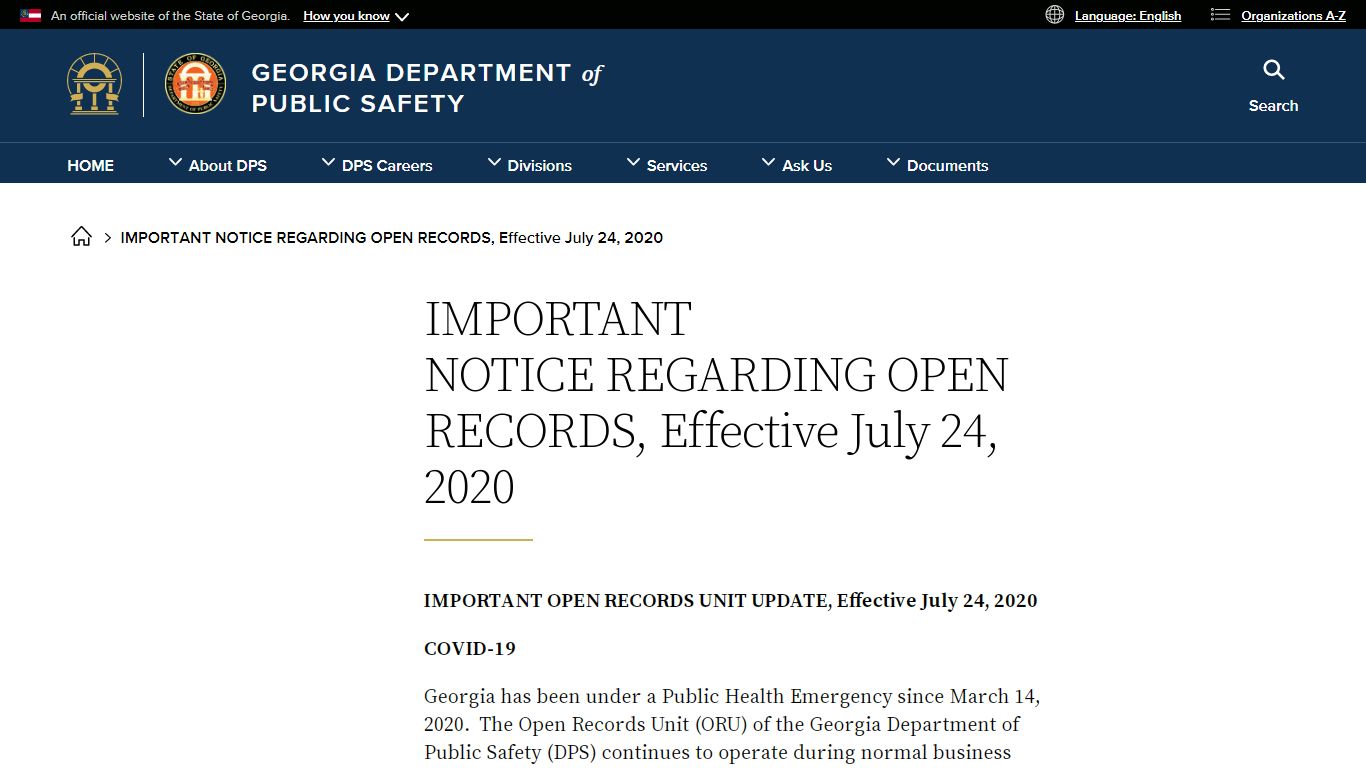 IMPORTANT NOTICE REGARDING OPEN RECORDS, Effective July 24, 2020