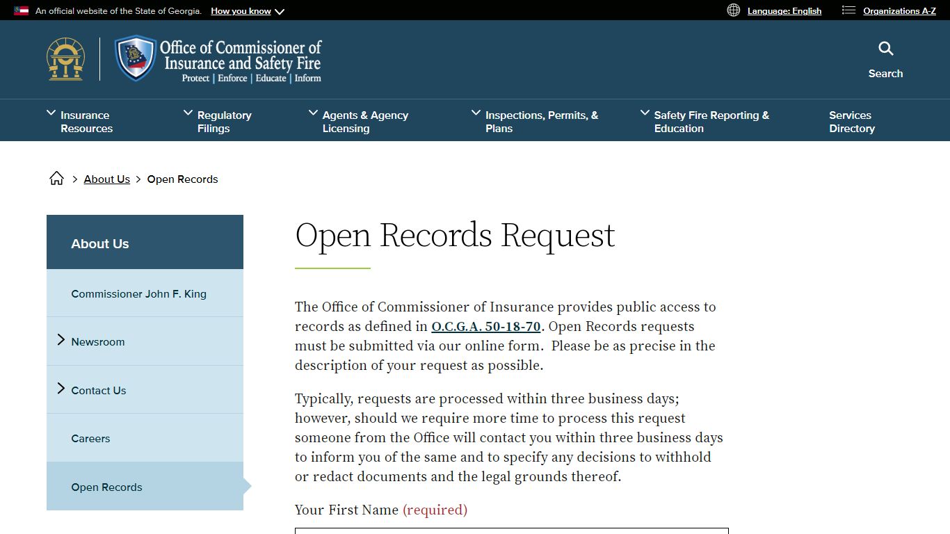 Open Records Request | Georgia Office of Insurance and Safety Fire ...